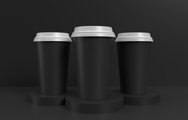 three coffee cup mockup in product stand