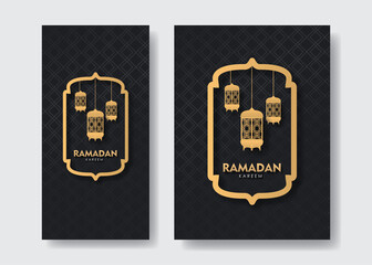 Ramadan Kareem Banner Set. Golden Lamp on Black Background Vector Illustration for greeting card, poster and voucher.