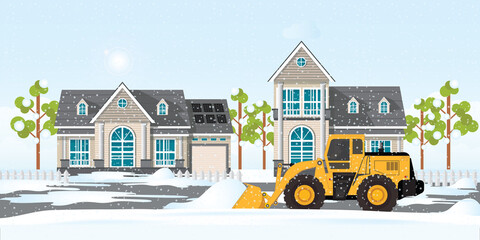 Naklejka premium Snow plow truck cleaning snows area streets at village home.