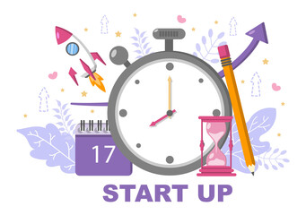 On Time Startup Flat Illustration of business Development process, Innovation product, and creative idea.