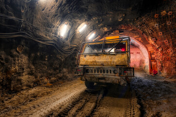 Fototapeta na wymiar Underground transport vehicle. Special transport equipment for mines and tunnels