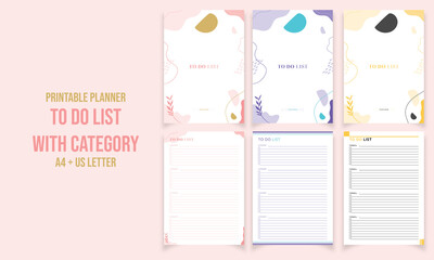 Minimalist diary, daily to do list with category planner pages design collection vector template