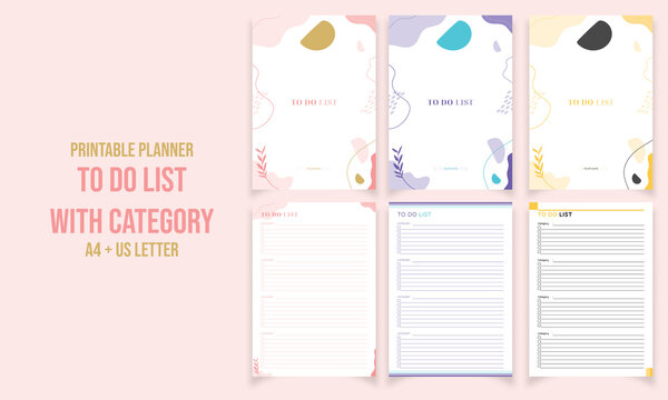 Minimalist diary, daily to do list with category planner pages design collection vector template