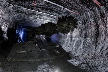 Shearer drill head in a coal mine