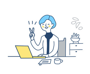 ピースサインをしているリモートワーク中の中高年女性