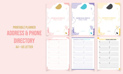Minimalist address and phone directory planner pages design collection vector template