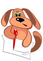 The dog at the table sits and writes a letter on paper with a red pen. Childrens illustration.