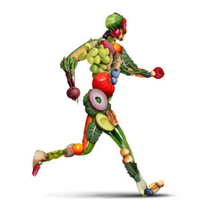 Diet and fitness as a healthy lifestyle of exercise and eating fruits and vegetables to lose weight as a person running or jogging made of fresh produce