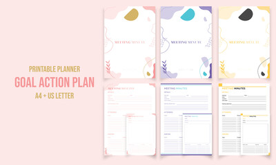 Minimalist form meeting minute planner pages design collection vector template 