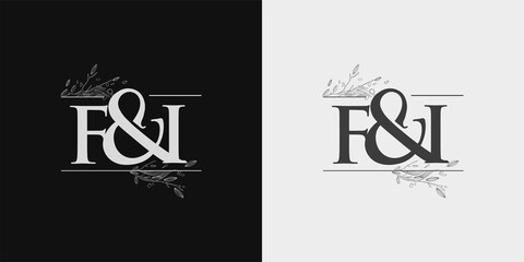 FI Initial logo, Ampersand initial Logo with Hand Draw Floral, Initial Wedding Font Logo Isolated on Black and White Background.