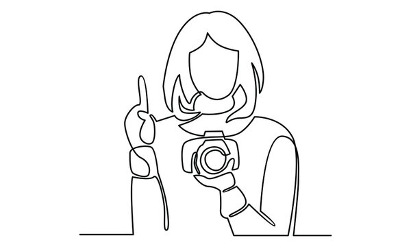 recommend clip art: Continue line of woman hold digital camera