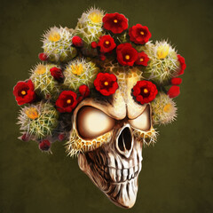 Skull and Cactuses with Red Floers