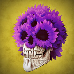 Skull and Purple Flowers on Yellow Background