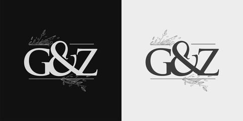 GZ Initial logo, Ampersand initial Logo with Hand Draw Floral, Initial Wedding Font Logo Isolated on Black and White Background.