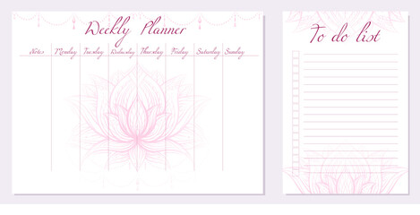 Set of day organization templates with tribal lotus. Weekly planner and to do list. Pink water lily with boho decorations. Spirituality template setting tasks for the day and for the week