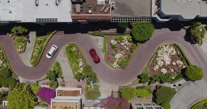 Top Down Aerial View of Curvy Lombard Street in San Francisco CA