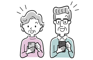 ベクターイラスト素材：スマートフォンを使うシニア世代の男女

