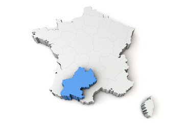 Map of France showing Midi Pyrenees region. 3D Rendering