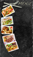 Ardoise menu de restaurant avec collage de plats cuisinés 
