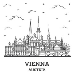 Outline Vienna Austria City Skyline with Historic Buildings Isolated on White.