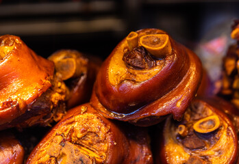 Delicious braised pork hocks or knuckles of Chinese style in a food shop on old street in Qibao Old...