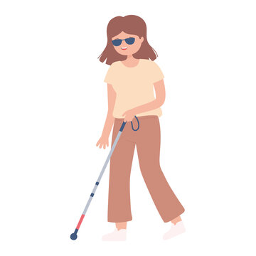 Blind Woman Wearing Glasses With A Cane Walking Isolated