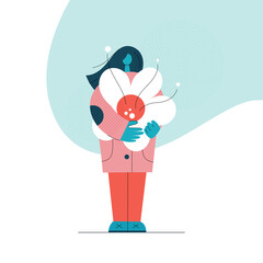 Woman standing and holding an oversized flower. Colorful female figure illustration. 