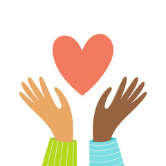 Obraz premium Two hands with a heart. Concept of support, trust, unity and love. Hand drawn colorful vector illustration.