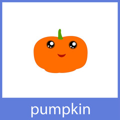 Pumpkin cute vegetable. English vocabulary word card.