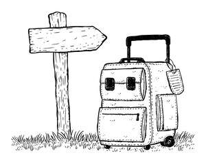 Hand drawn line art illustrations of luggage and wooden post with vacation concept. Luggage, wooden post and grass are layered separately. Editable for changing colors. Vector EPS. 