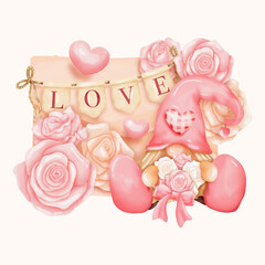 Watercolor Valentine's Gnome, Valentine's day Gnome. Vector illustration.