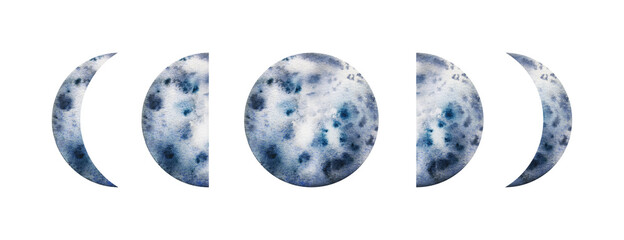 Watercolor Moon Phases illustration, Blue Moons, Waxing Moon, Crescent Moon, Watercolor Moon, Moon clipart, Moon Phases illustration, Wall art. © Александра Низенко