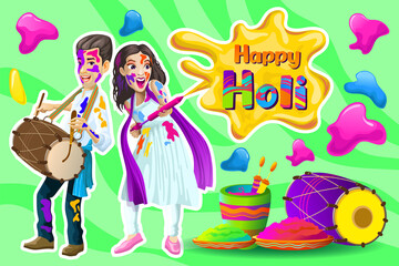 Holi greetings with joyful Indian dancers