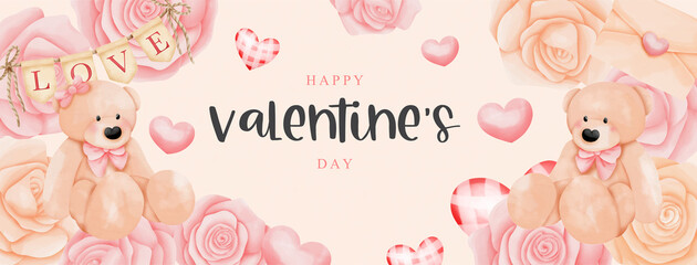 Watercolor Happy Valentine's Day with teddy bear and heart balloons. 