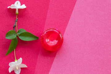 cough sore throat pastille colorful extract from herbal arrangement flat lay style on background red