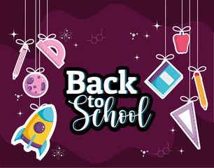 Back to School creative banner with hanging supplies