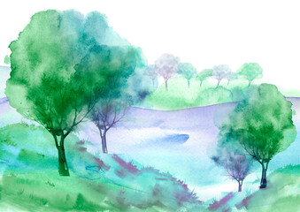 Countryside summer,spring  watercolor landscape. trees, bushes on a hill, in a field, in a meadow. flood, river.
 Ecological poster with place for text. splash of green, blue paint.Oak, apple.