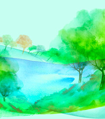 Fototapeta premium Countryside summer,spring watercolor landscape. trees, bushes on a hill, in a field, in a meadow. flood, river. Ecological poster with place for text. splash of green, blue paint.Oak, apple.