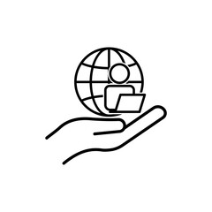 hand line icon and people, laptop, earth. Business online symbol. simple illustration mobile concept app line icon and web design. Editable stroke. Design template vector