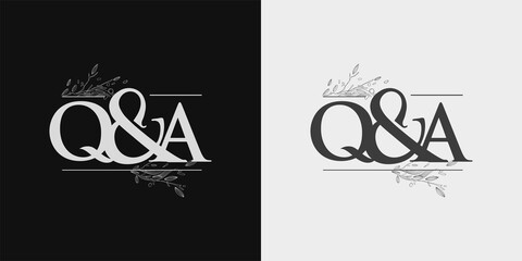 QA Initial logo, Ampersand initial Logo with Hand Draw Floral, Initial Wedding Font Logo Isolated on Black and White Background.