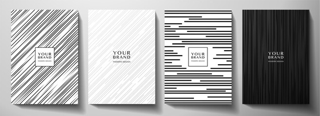Modern white and black cover design set. Luxury creative dynamic diagonal line pattern. Formal premium vector background for business brochure, poster, notebook, menu template  - obrazy, fototapety, plakaty