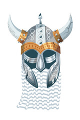 Viking helmet. Medieval Norway armor of people for protection vector illustration. Silver and golden fighter hat with horns and decorative elements isolated on white background