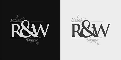 RW Initial logo, Ampersand initial Logo with Hand Draw Floral, Initial Wedding Font Logo Isolated on Black and White Background.