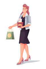 Woman shopping in eco cosmetics shop. Young girl with products in bag and boxes, holding in hand vector illustration. Happy customer with gifts isolated on white background