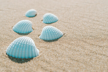 Fototapeta na wymiar Summer sale with seashells, starfishes on sand ocean beach background. Tranquil beach scene with copy space.