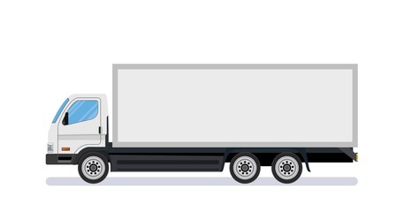 White long truck template with blank area, side view. Isolated on white background. delivery truck van. Online delivery service concept. Vector illustration in flat style