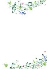 Fototapeta premium 音符と緑の葉っぱと青い鳥の背景（春） 手描き色鉛筆 縦