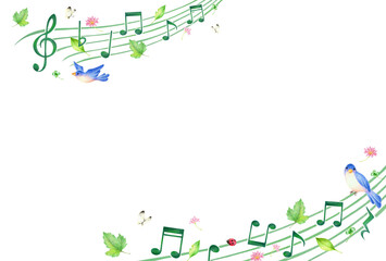 音符と緑の葉っぱと青い鳥の背景（春）　手描き色鉛筆　横