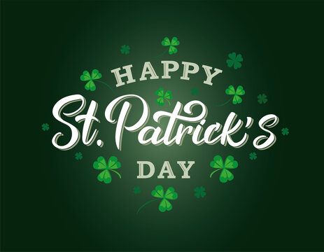 Vector hand lettering of St. Patrick's day. Patrick's Day" logo with a clover shamrock pattern on a green background.