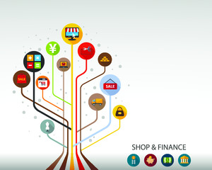 Obraz premium Shop and finance flat icon concept. Vector illustration. Element template for design.